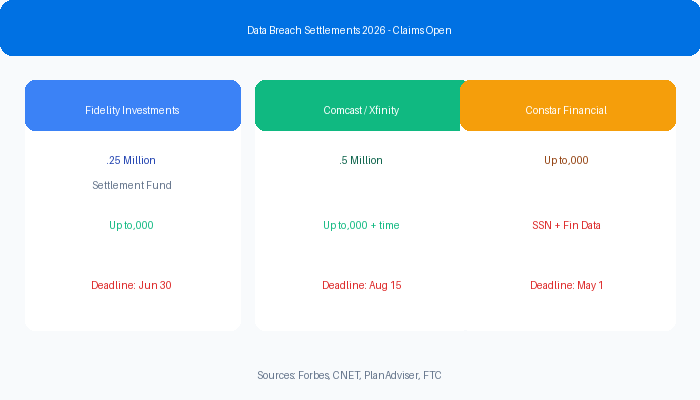 Data breach settlement amounts chart showing Fidelity $1.25M, Comcast $117.5M, and Constar $6K per person