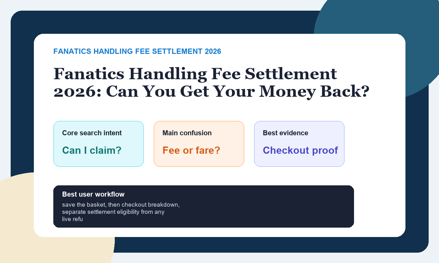 Fanatics Handling Fee Settlement 2026: Can You Get Your Money Back? featured dashboard showing search intent, main confusion, and best evidence