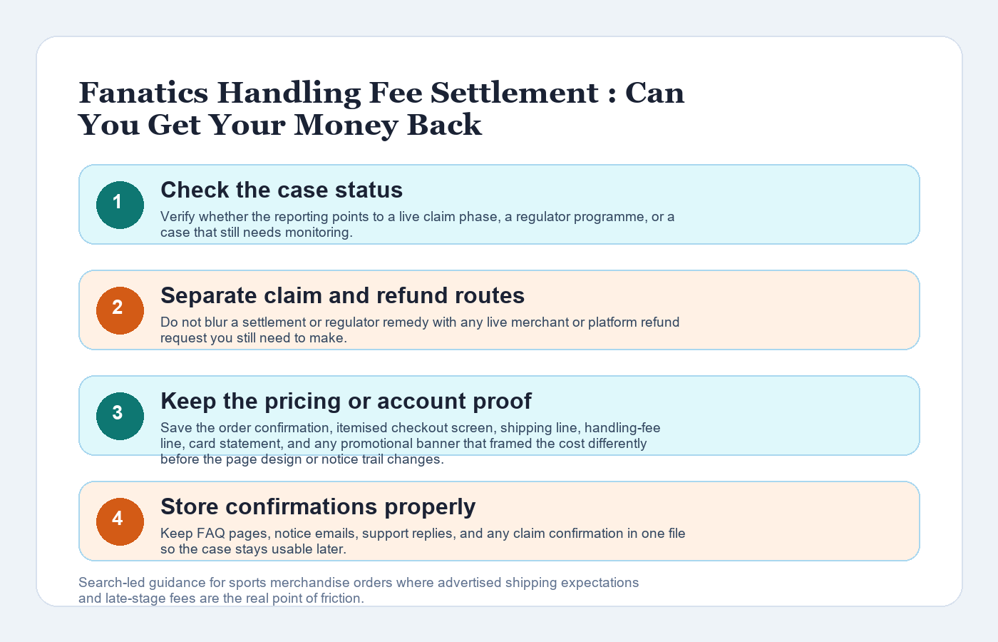 Fanatics Handling Fee Settlement 2026: Can You Get Your Money Back? workflow infographic showing case status, route separation, evidence preservation, and confirmation tracking
