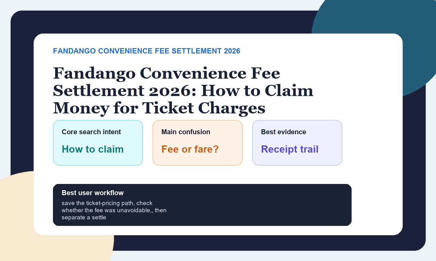 Fandango Convenience Fee Settlement 2026: How to Claim Money for Ticket Charges featured dashboard showing search intent, main confusion, and best evidence