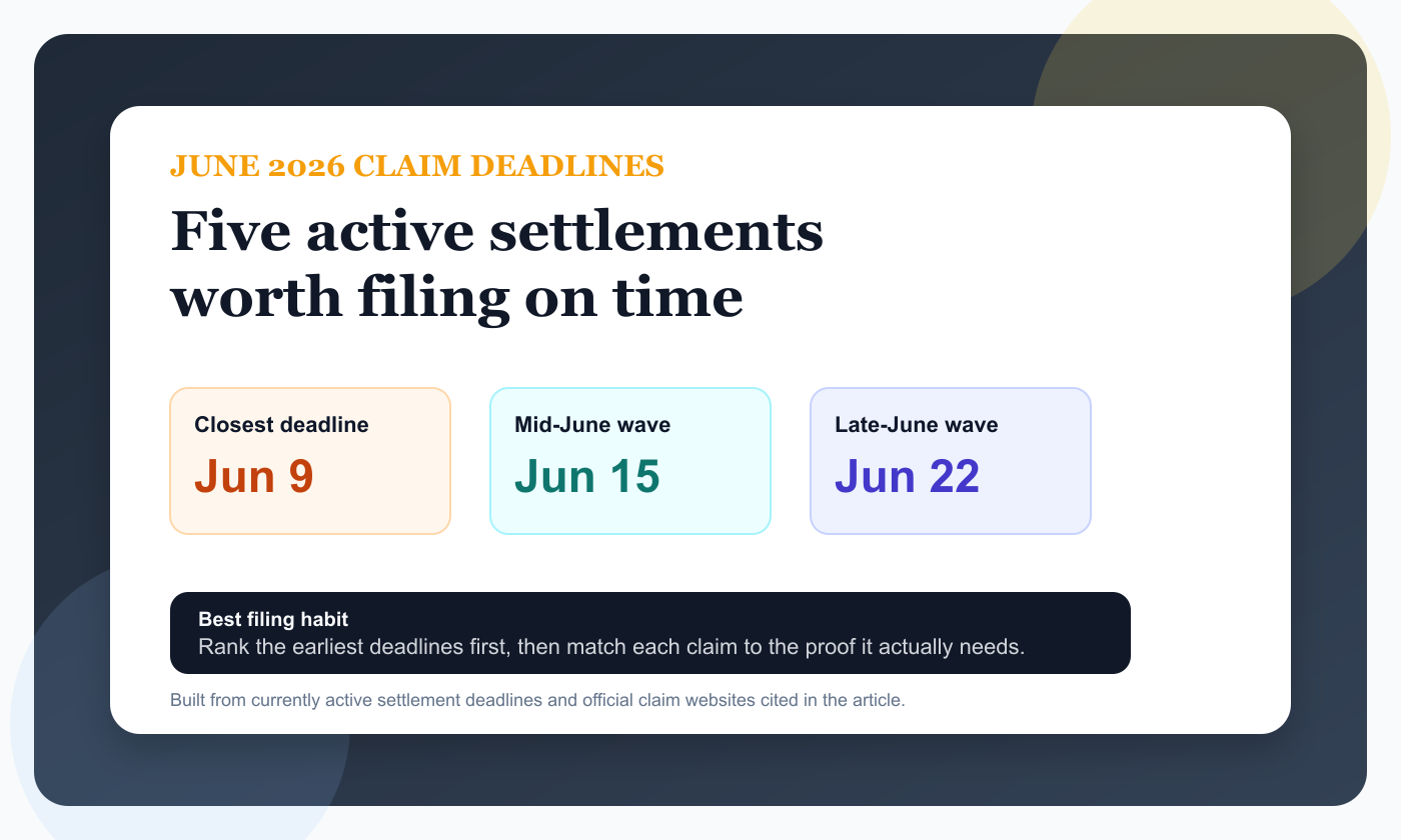 Professional June 2026 settlement deadlines dashboard showing key June claim dates and proof priorities