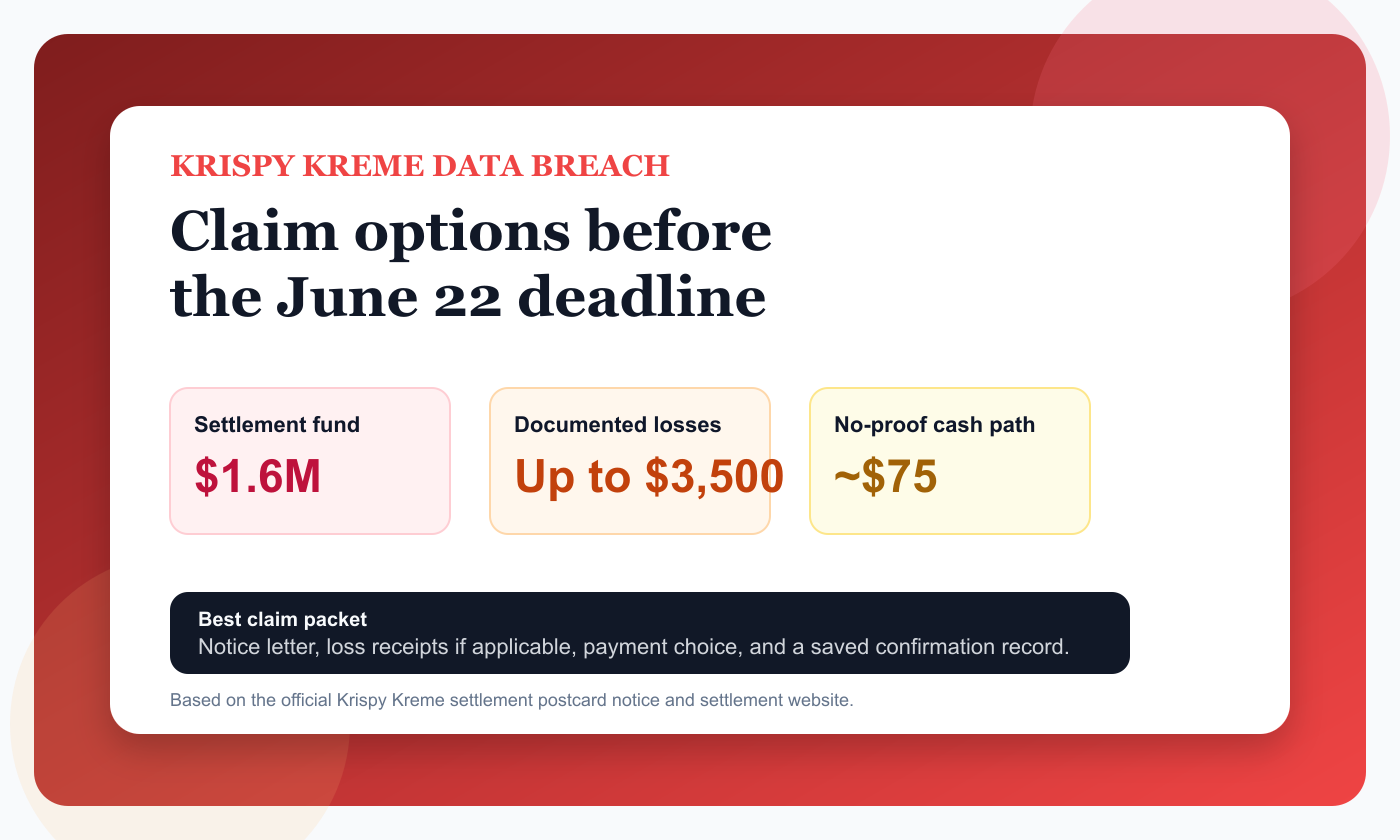 Professional Krispy Kreme data breach settlement dashboard showing June 22 deadline, $1.6 million fund, and $3,500 documented loss option
