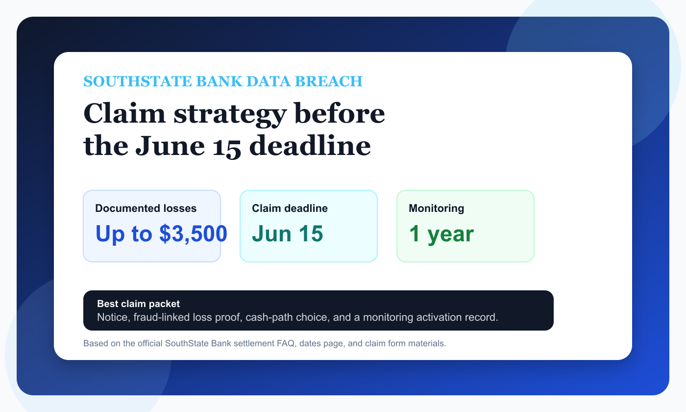 Professional SouthState Bank settlement dashboard showing June 15 deadline, up to $3,500 documented losses, and credit monitoring