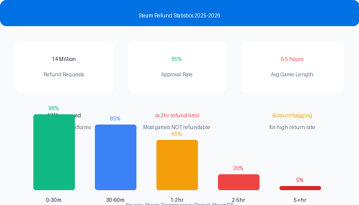 Steam refund data chart showing approval rates by playtime from 2025-2026