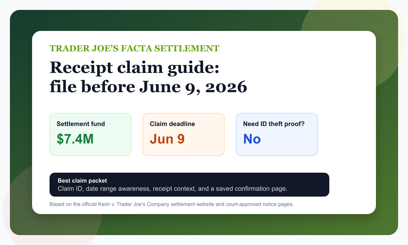 Professional Trader Joe's FACTA settlement dashboard showing June 9 deadline, $7.4 million fund, and claim ID requirements